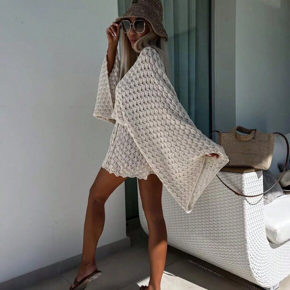 Apricot boho Women's Hollow Out Round Neck Long Sleeve Knit Sweater & Short set - Picture 4 of 5